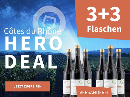 Meravino Weinaktion mit dem Slogan "Côtes du Rhône Hero Deal". Nachthimmel mit Meravino-Logo und Weinreben im Hintergrund. Hinweis auf "3+3 Flaschen". Unten Button "Jetzt zugreifen". Rechts 6 Flaschen.