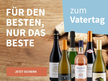 Meravino Weinaktion mit dem Slogan "Für den Besten, nur das Beste". Mehrere Weinkorken auf einem Hintergund in Holzoptik. Hinweis auf "zum Vatertag". Unten Button "Jetzt sichern". Rechts eine Abbildung des Weinpaktes bestehend aus sechs Flaschen.