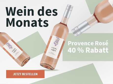 Meravino Weinaktion mit dem Slogan "Wein des Monats". Grün-weißer Hintergund mit 3 Flaschen des Roséweins Fleurs du Jardin. Hinweis auf "Provence Rosé: 40 % Rabatt". Unten Button "Jetzt bestellen".